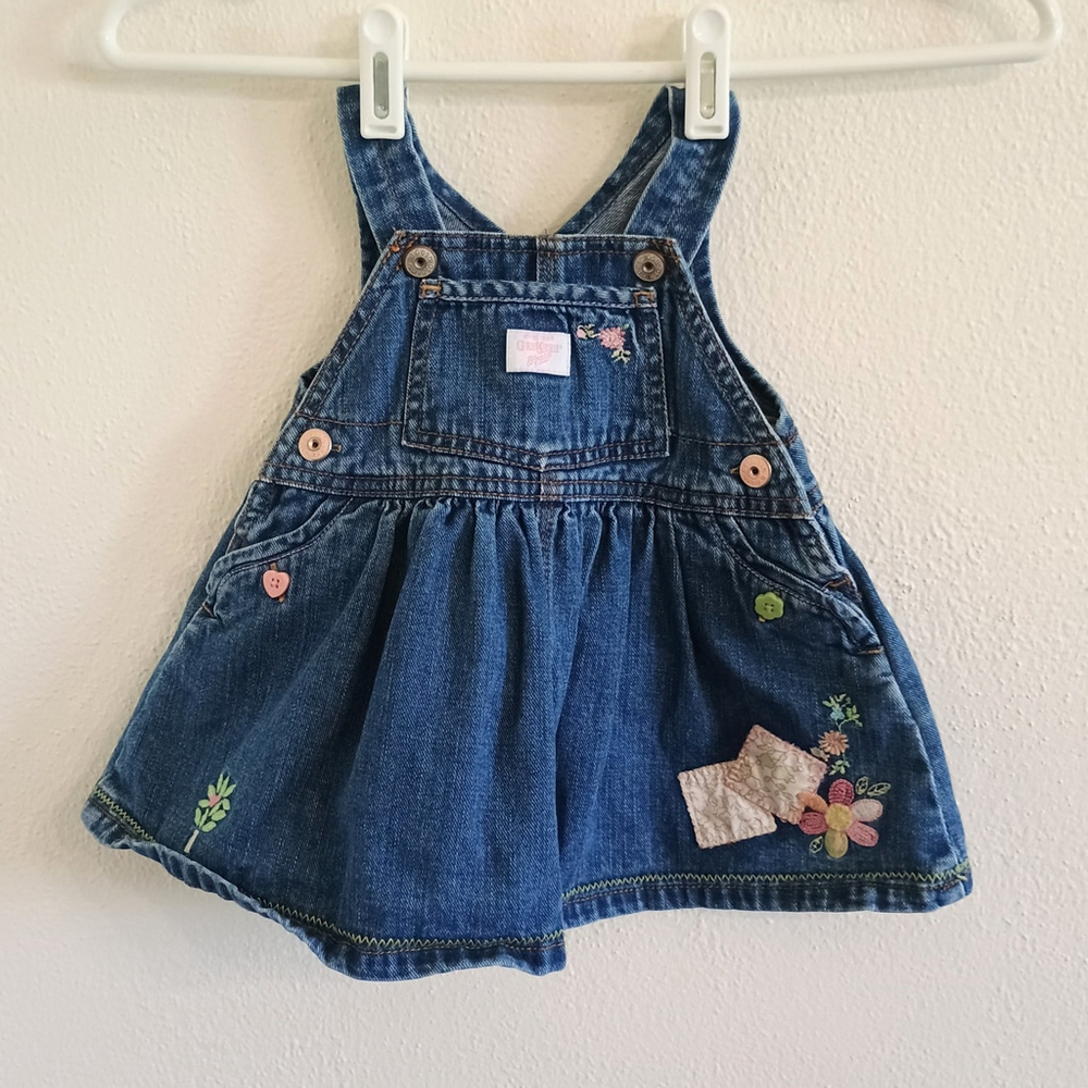 OshKosh B'Gosh Denim Blue Jean Denim Jumper Embroidered Pink Flowers Patches 3/6